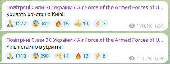 У Києві було чути вибухи під час ракетної атаки, працює ППО